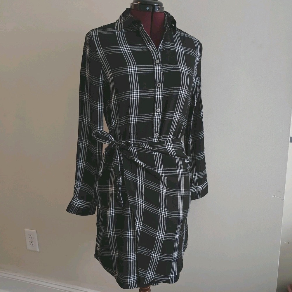 UntuckIt Tessa Plaid Black Button Up Collared Wrap Shirt Dress Small Long Sleeve